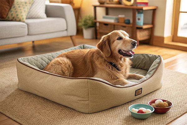 dog sleeping on various stuffing samples