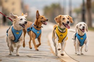 dogs in various activity harnesses