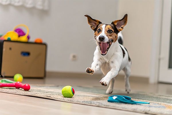 hyperactive dog jumping for toy