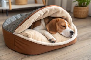 pet sleeping cozy on self-warming bed