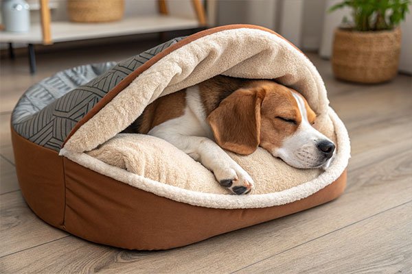 pet sleeping cozy on self-warming bed