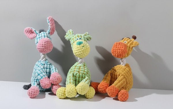 Pet plush toys and interactive enrichment products