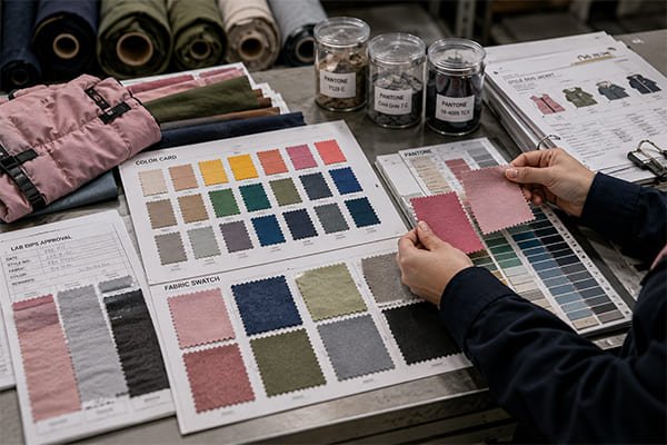 Color matching and fabric sourcing process in pet clothing OEM Fabric swatches and color matching samples on production table