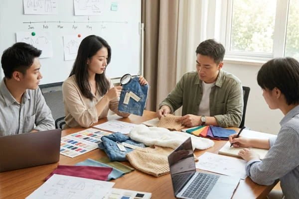 Product development meeting with fabric samples