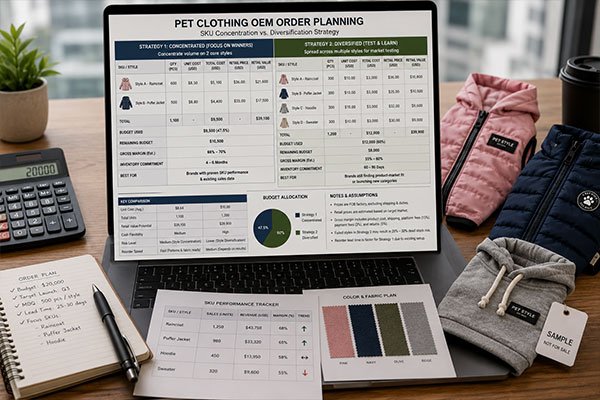 Strategic OEM order structuring for growing pet brands Order planning spreadsheet showing SKU concentration versus diversification strategy