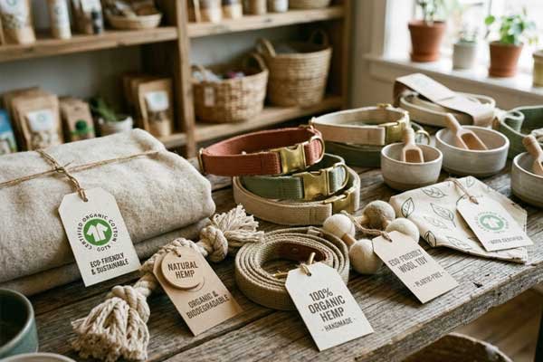organic certified pet accessories with natural materials and eco tags