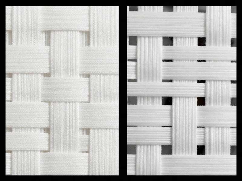 Weave structure comparison between plain polyester and Oxford cloth Microscopic view comparing plain weave polyester and Oxford basket weave structure